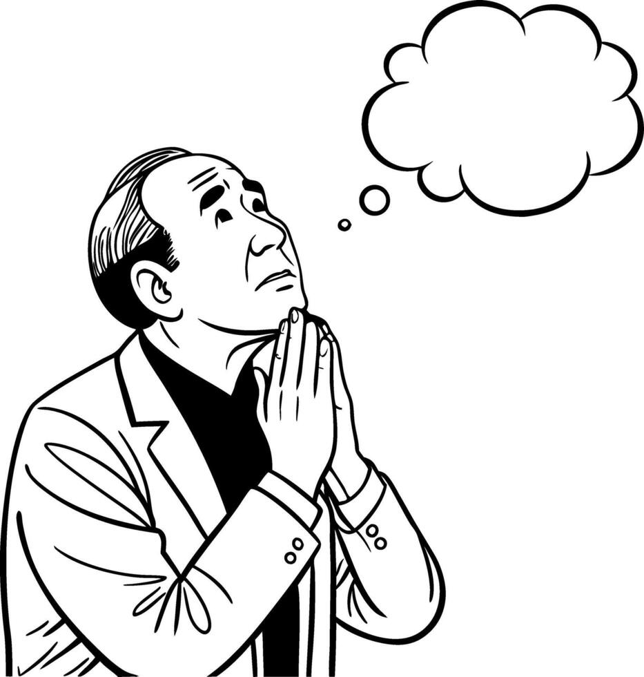 Pensive Man with Hands Together in Prayer Expression and Thought Bubble vector