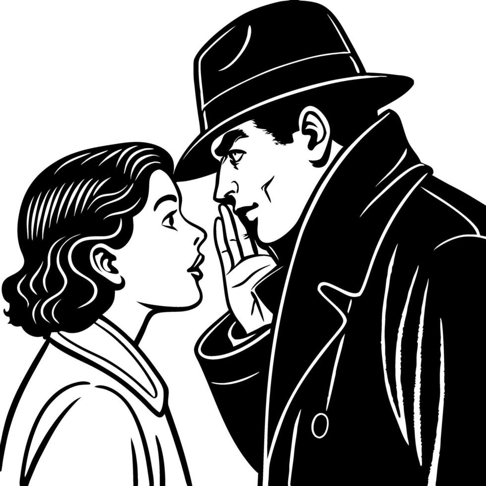 Vintage Romance Scene Whispering Couple Black and White Illustration for Tattoo and Art Projects vector