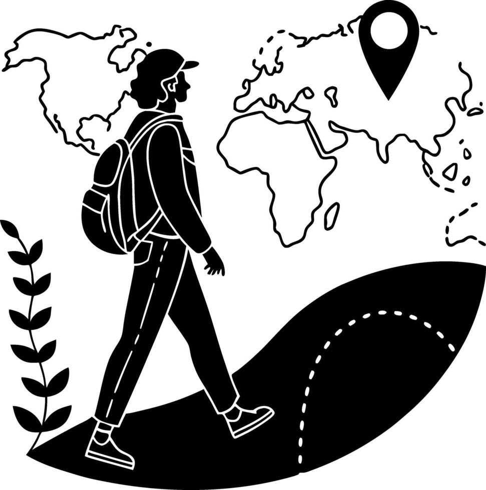 Adventurous Hiker Walking on a Path with World Map and Location Pin for Travel and Exploration vector