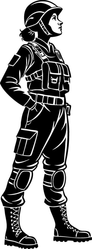 Female Soldier in Combat Gear Standing Confidently Ideal for Military Theme Projects vector