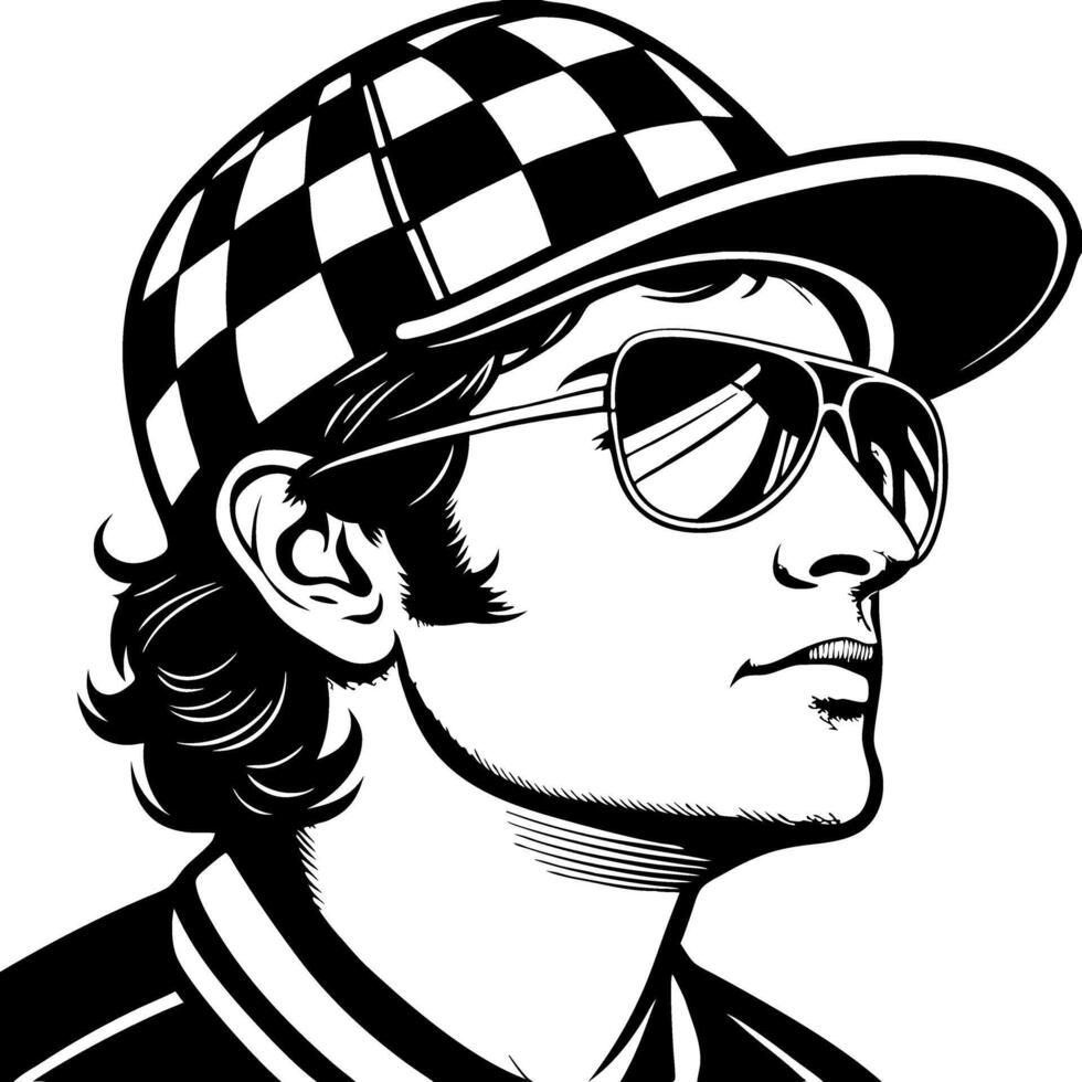 Stylish Retro Male with Checkered Cap and Sunglasses in Monochrome Design vector