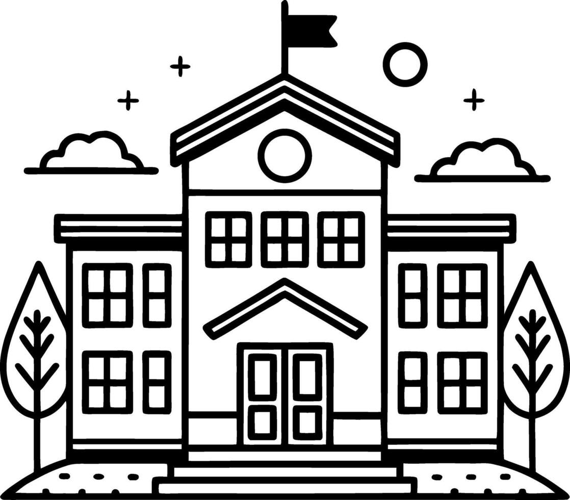 Detailed Illustration of a Classic School Building with Flag and Surrounding Nature vector