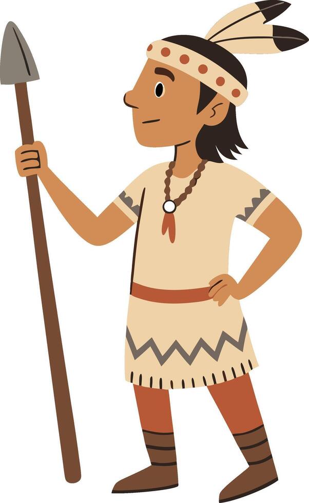 Native American Warrior Character with Spear in Traditional Attire for Creative Projects vector