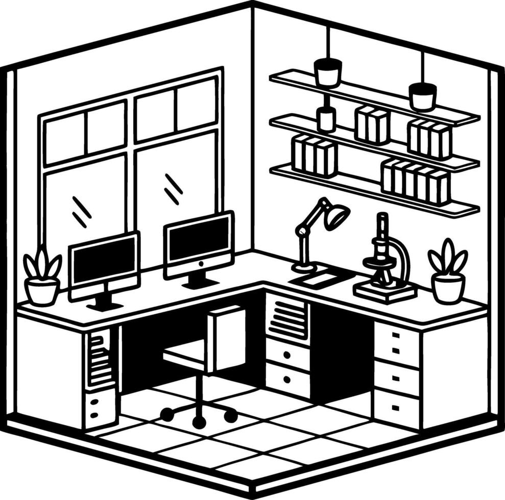 Modern Home Office Interior Design with Dual Monitors Desk and Laboratory Equipment vector