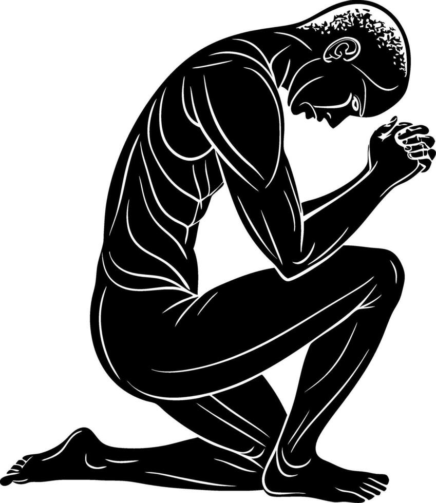 Contemplative Silhouette of a Kneeling Man in a Praying Pose for Artistic Applications vector