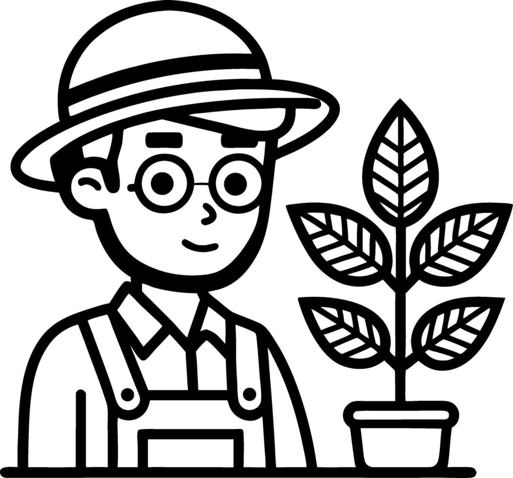 Young Gardener Smiling with Potted Plant Illustration for Coloring Books and Tattoos vector