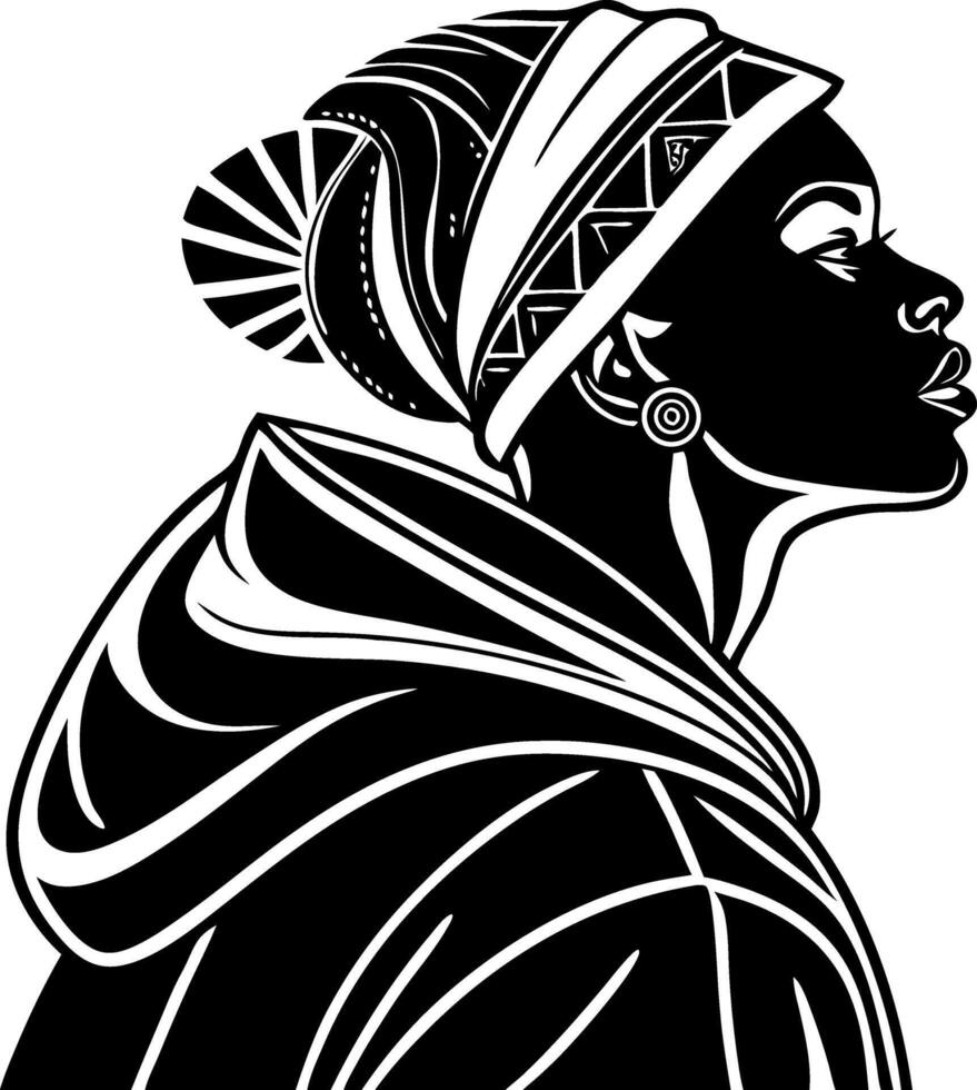 Stylized African Woman Silhouette Wearing Traditional Headwrap and Hooded Jacket for Design vector