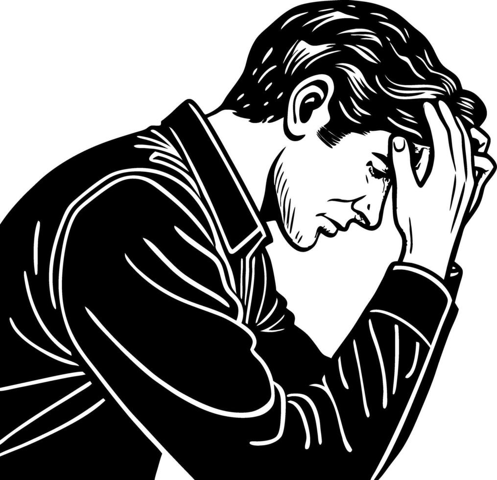 Stressed Man Silhouette with Head in Hands Depicting Anxiety and Mental Strain for Illustrations vector
