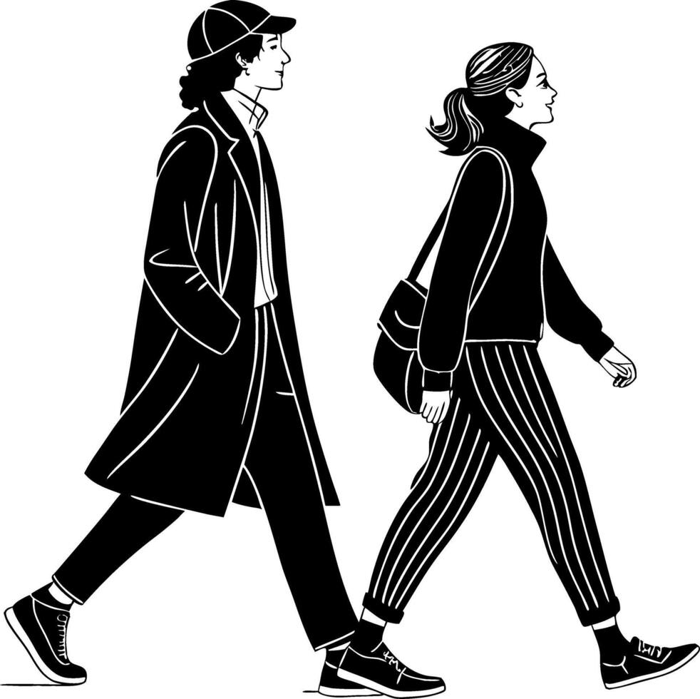 Stylish Young Adults Walking Together in Trendy Outfits Urban Fashion Illustration vector
