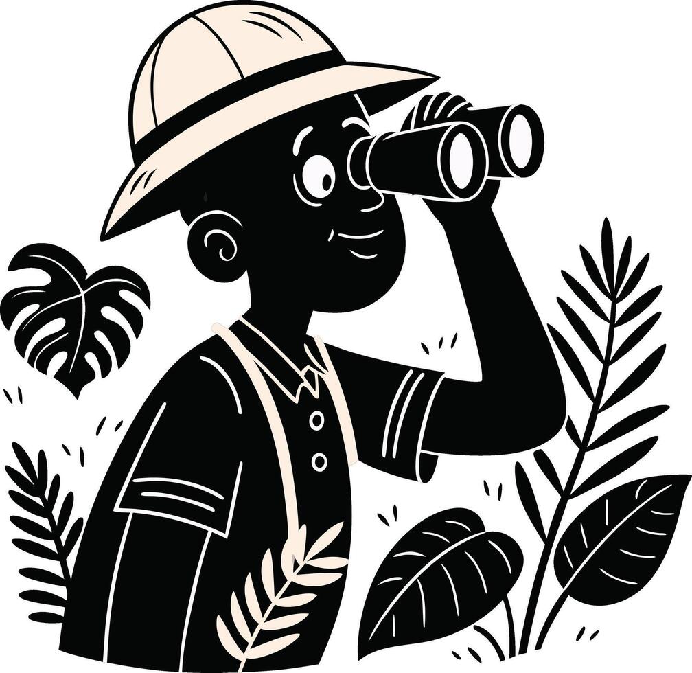 Explorer Child with Binoculars in Nature Surrounded by Tropical Leaves for Adventure Themes vector