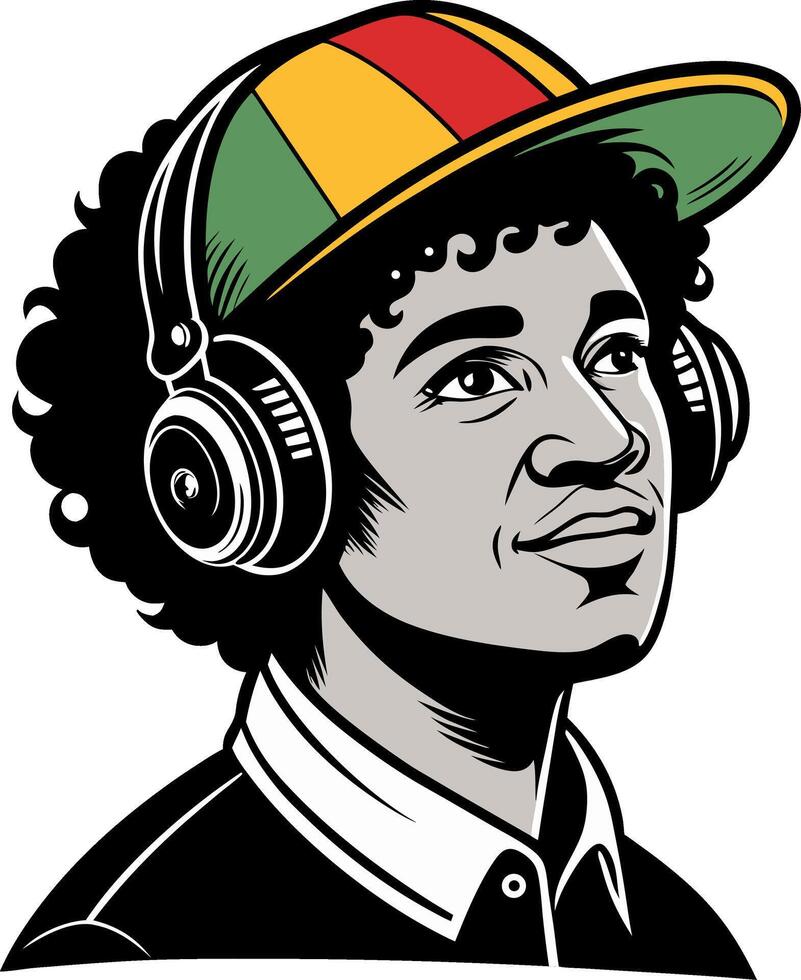 Cool Young Man with Curly Hair and Headphones Wearing Colorful Cap Illustration vector