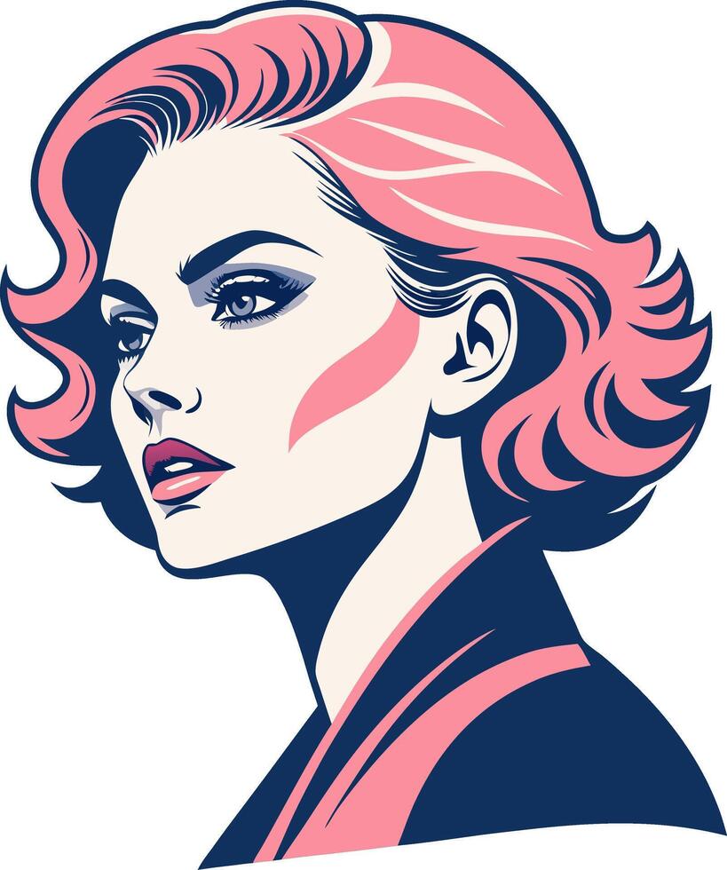 Stylish Retro Portrait of a Woman with Pink Hair and Bold Makeup for Modern Design Projects vector