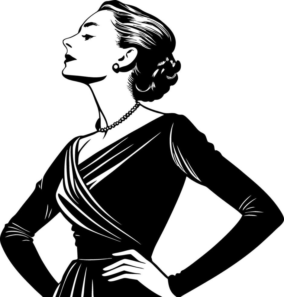 Elegant Woman Silhouette in Vintage Dress with Jewelry for Fashion Design and Illustration vector