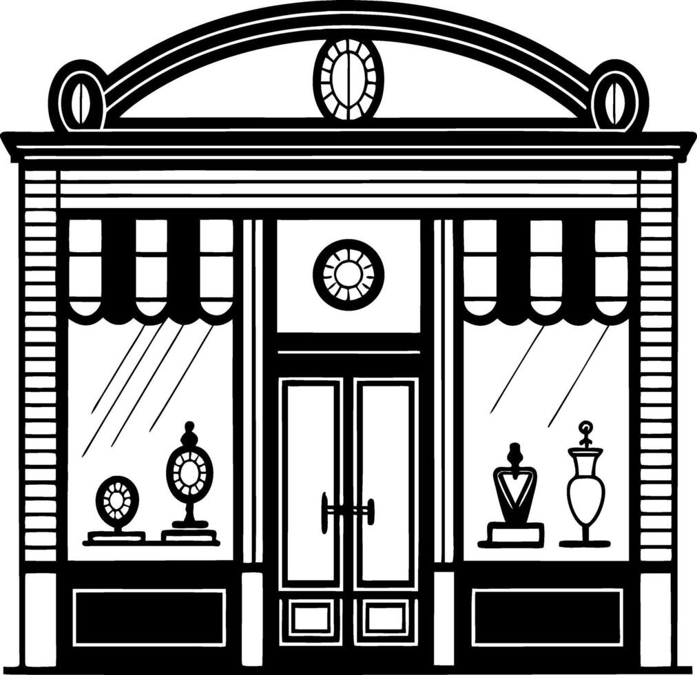 Elegant Vintage Shop Front Illustration Featuring Decorative Displays and Classic Architecture vector