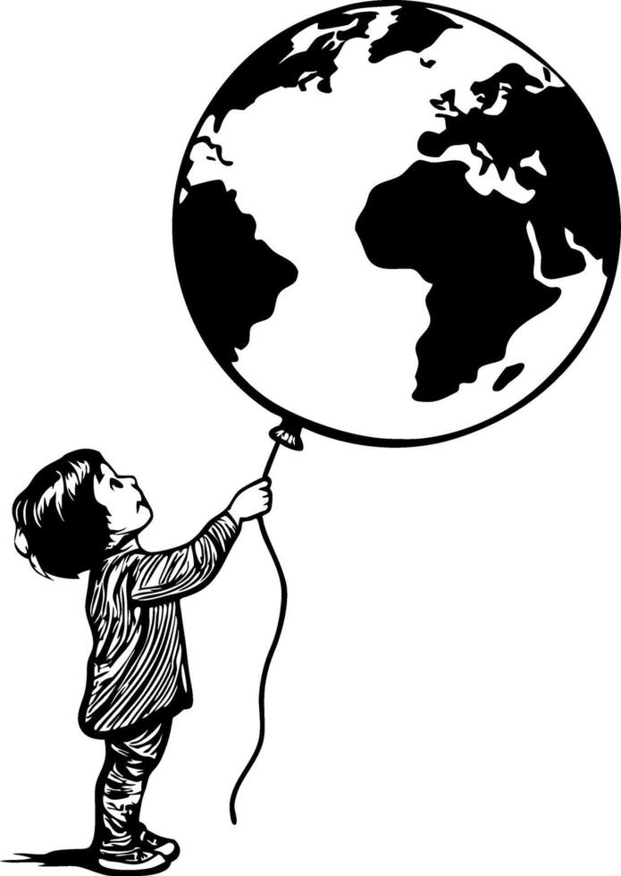 Child Holding Balloon Shaped Like Earth Symbolizing Environmental Awareness and Imagination vector
