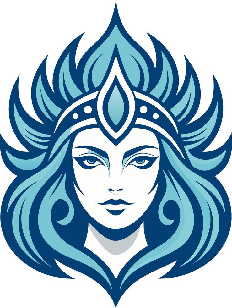 Elegant Ocean Goddess Portrait with Flowing Blue Hair and Regal Accessories vector