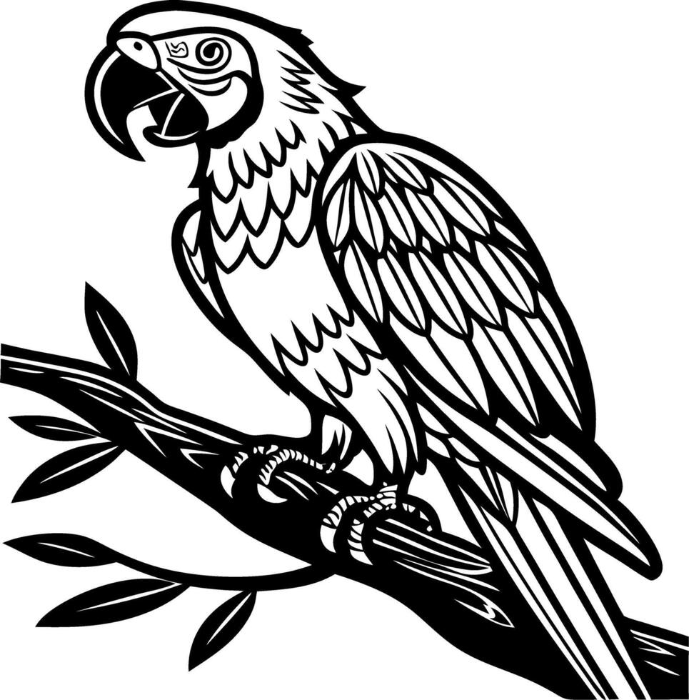 Intricate Black and White Parrot Illustration on a Branch for Tattoo and Coloring Designs vector
