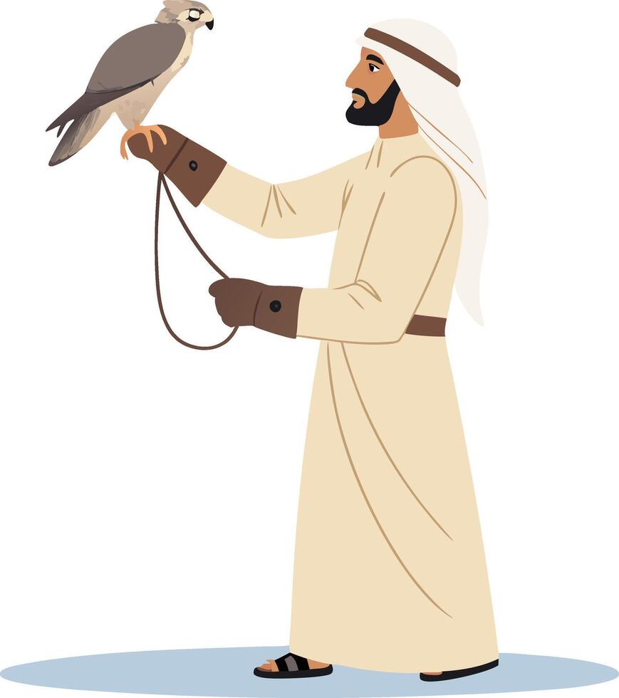 Arab Falconer in Traditional Attire Holding Majestic Falcon on Gloved Hand vector