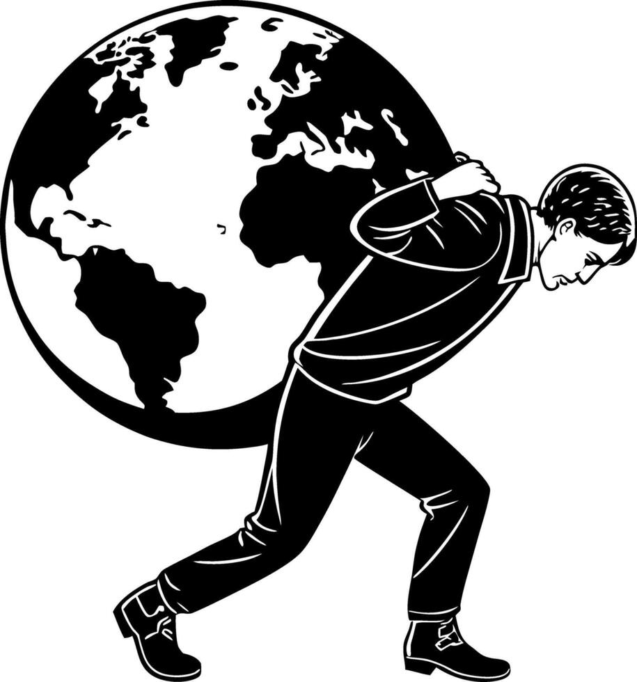 Person Struggling to Carry Globe Representing Global Burden and Responsibility vector
