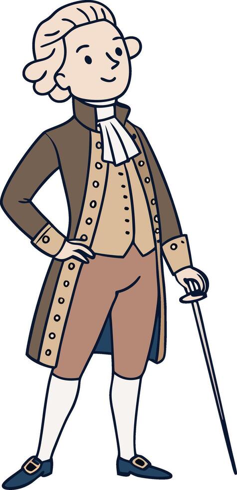 Historical Cartoon Character Dressed in 18th Century Fashion with Cane and Elegant Attire vector