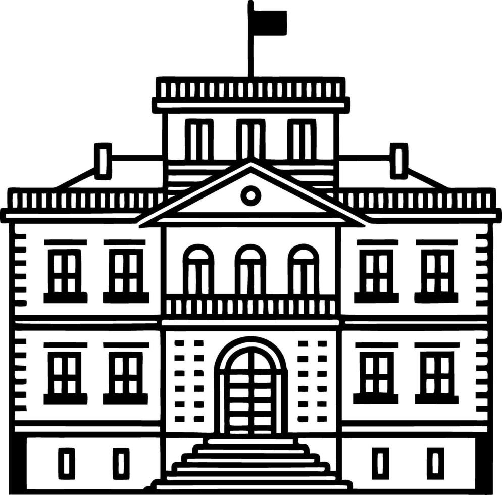 Classic Architectural Building with Flag and Steps Outline Design for Illustration and Coloring vector