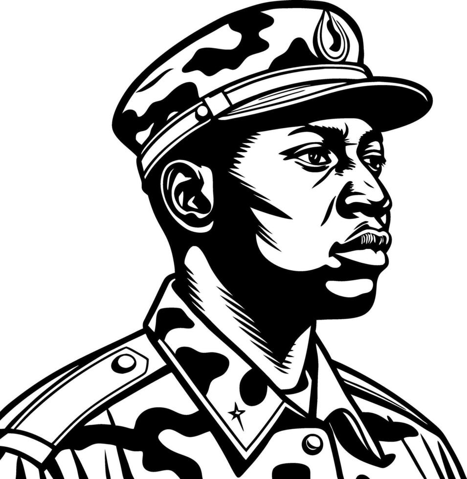 Military Officer Portrait in Camouflage Uniform Detailed Line Art for Graphic Design and Tattoo vector