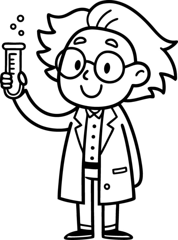 Cheerful Cartoon Scientist Holding Test Tube With Bubbles for Educational Materials and Coloring Books vector