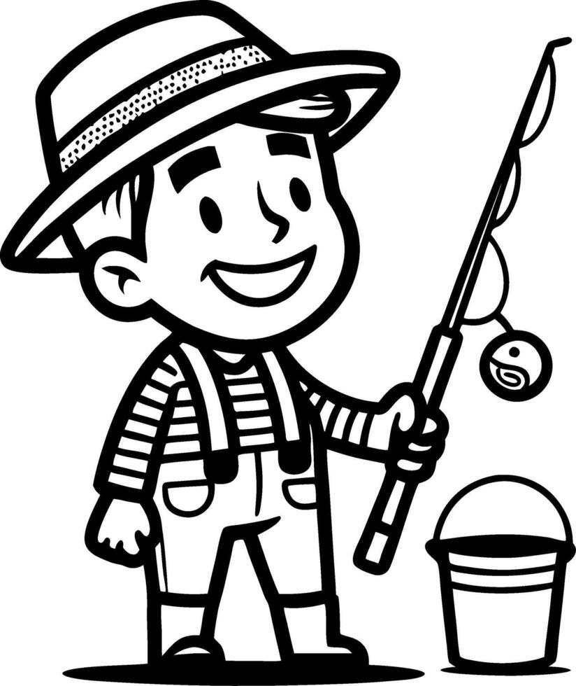Happy Boy Fishing with Fishing Rod and Bucket in Playful Cartoon Style for Kids Art Projects vector