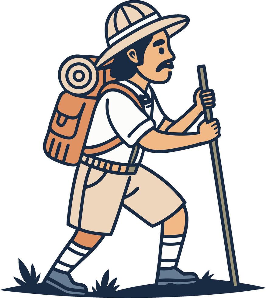 Adventurous Hiker with Backpack and Walking Stick Exploring Nature Trails vector