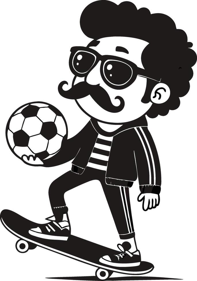 Stylish Hipster Boy Riding Skateboard with Soccer Ball in Retro Black and White Illustration vector