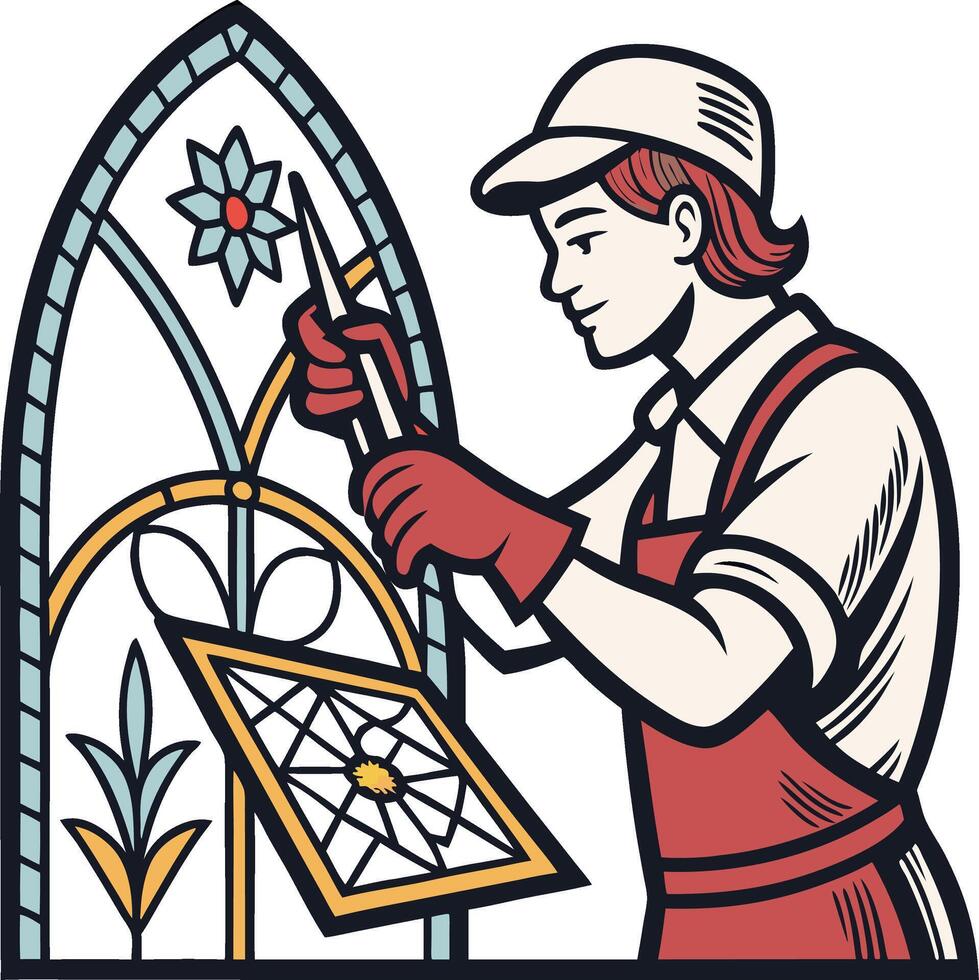 Stained Glass Artist Crafting Intricate Window Design with Tools and Floral Elements vector