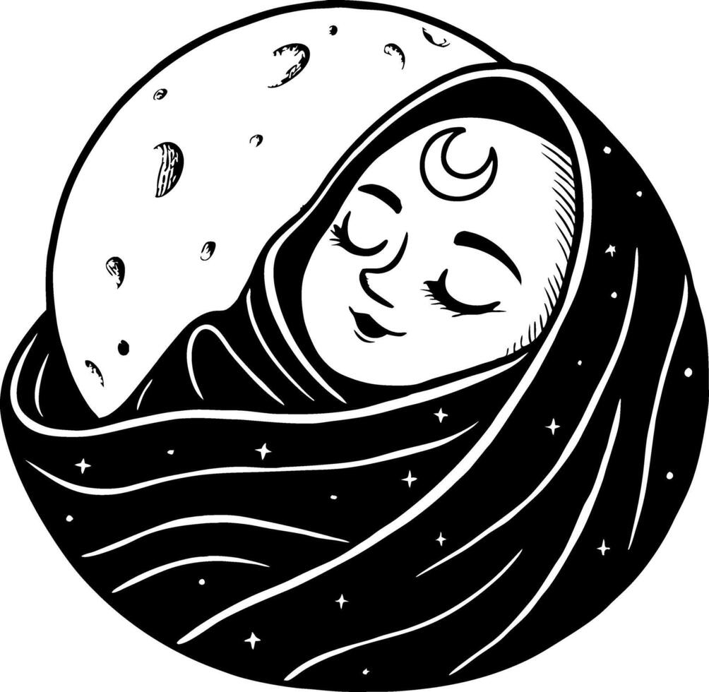 Dreamy Baby Wrapped in Stars and Moonlight Intricate Illustration for Tattoos and Coloring vector