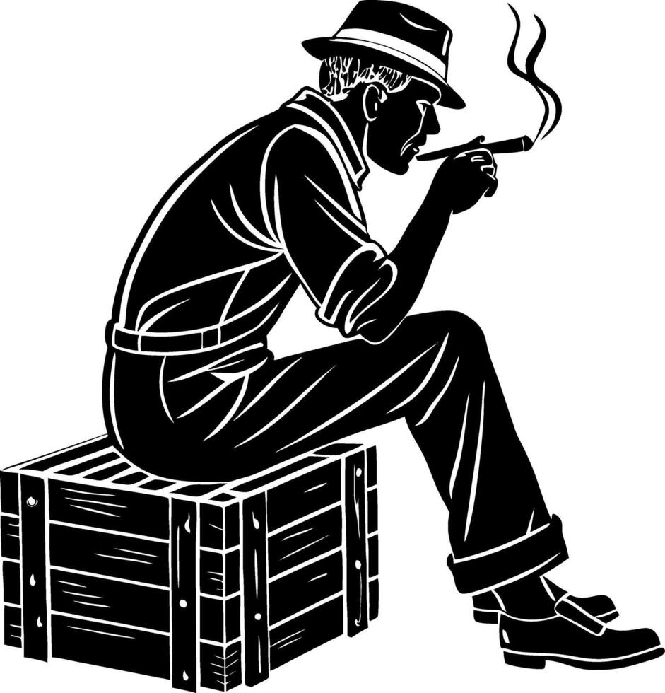 Stylish Man Sitting on Crate Smoking Cigar Vintage Illustration for Tattoo and Design vector