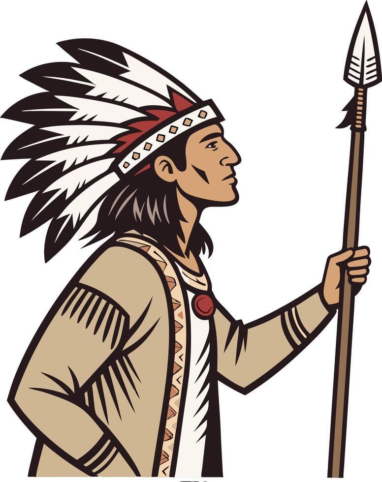 Native American Warrior Standing Proudly with Feathered Headdress and Spear vector