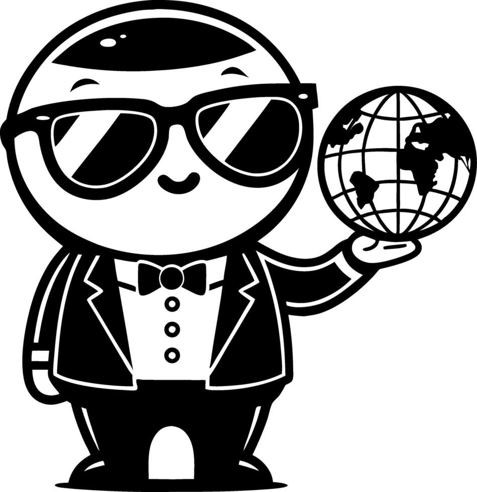 Stylish Cartoon Character in Tuxedo Holding Globe Ideal for Travel and Business Themes vector
