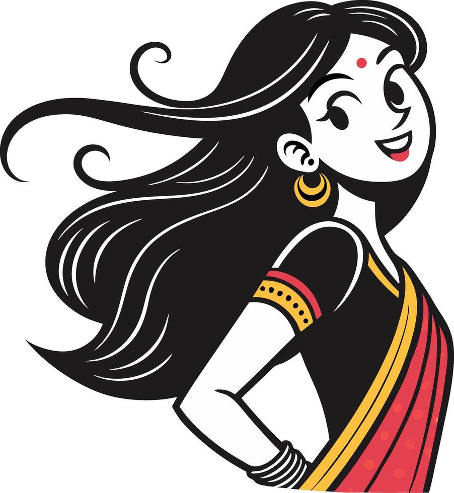 Stylish Indian Woman in Traditional Saree with Long Flowing Hair and Joyful Expression vector