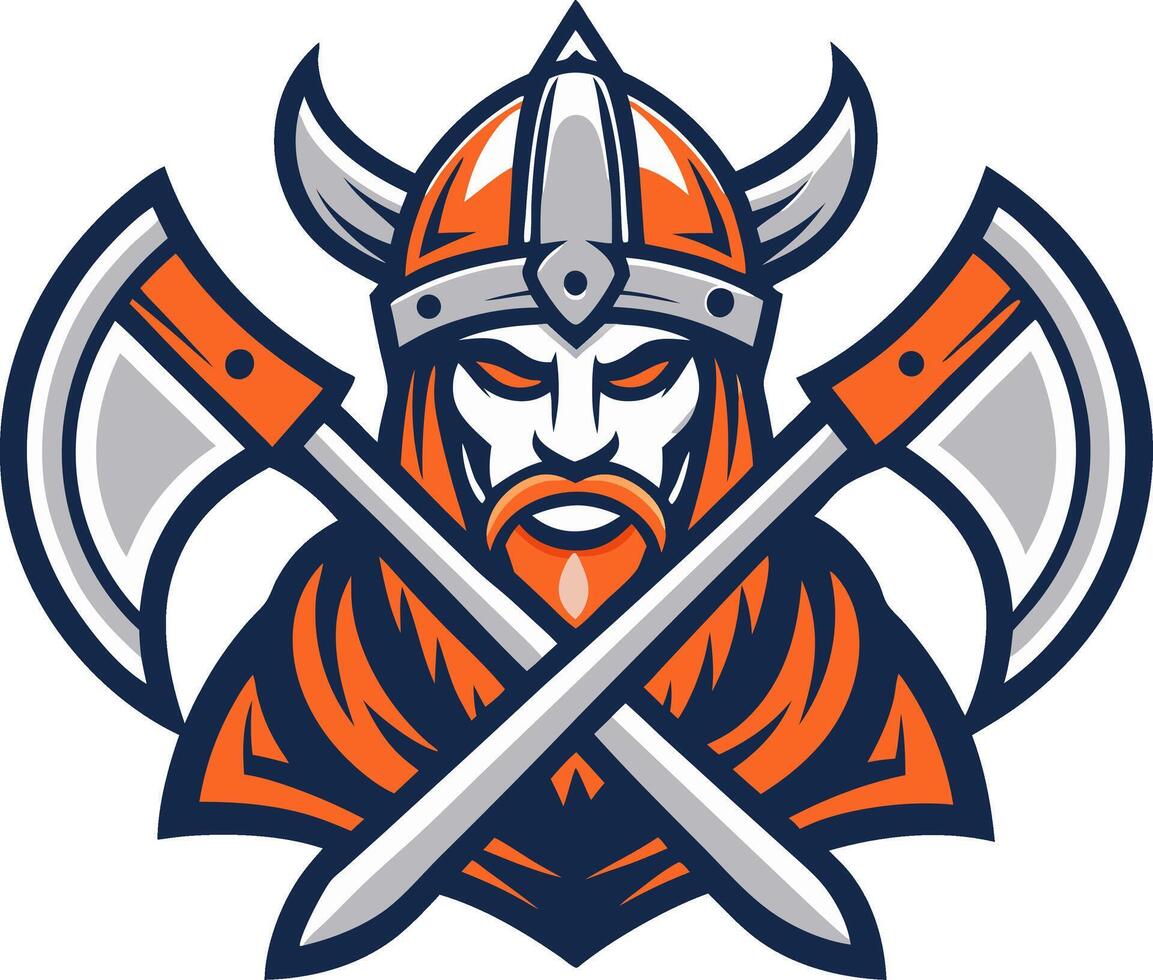 Viking Warrior with Crossed Axes Bold Helmet and Fiery Beard for Tattoo Design and Apparel vector