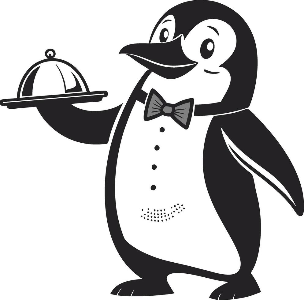 Charming Penguin Waiter with Silver Serving Tray in Bowtie Perfect for Kids Party and Fun Designs vector