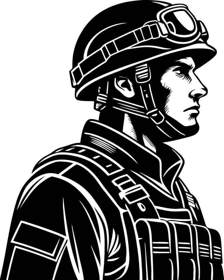Soldier Profile with Helmet and Tactical Gear Illustration for Military Themes vector