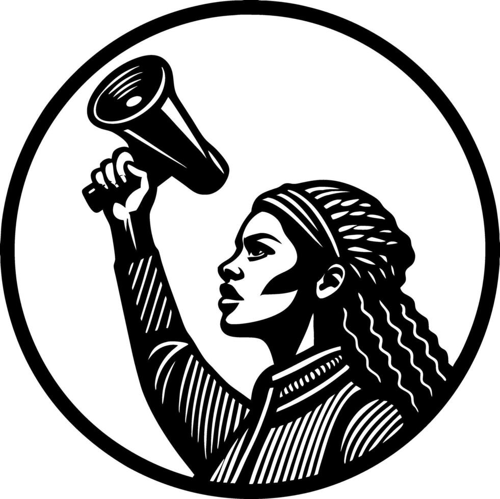 Empowered Woman Holding Megaphone in Bold Black and White Design for Activism Themes vector