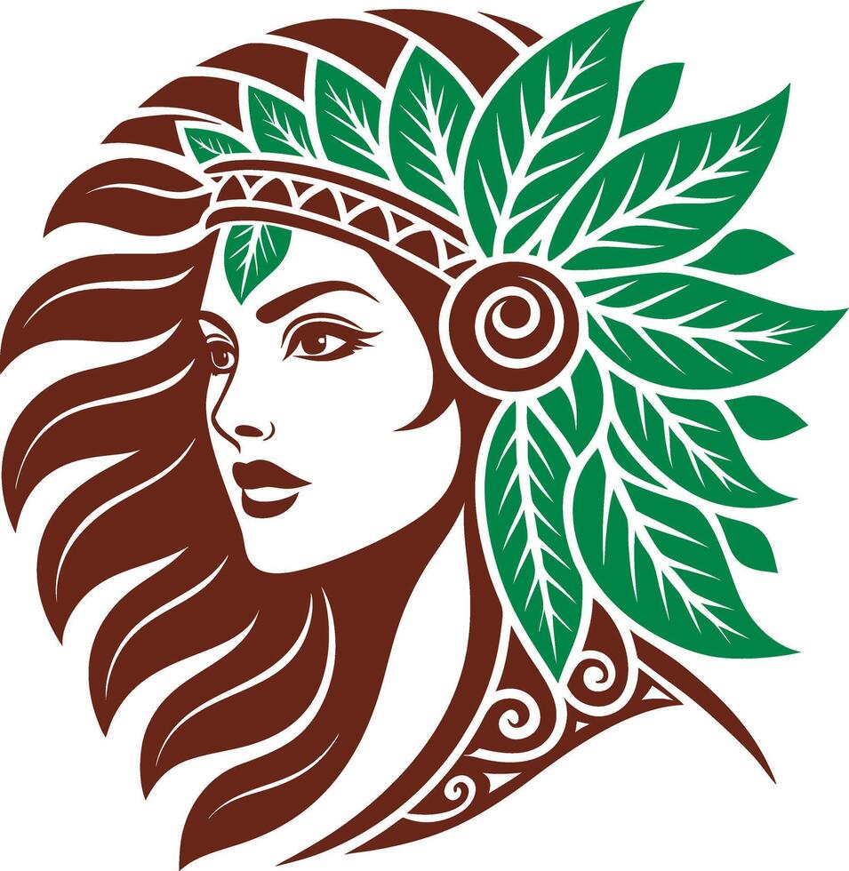 Stylized Woman With Leafy Headpiece Artistic Design for Tattoos and Coloring Books vector