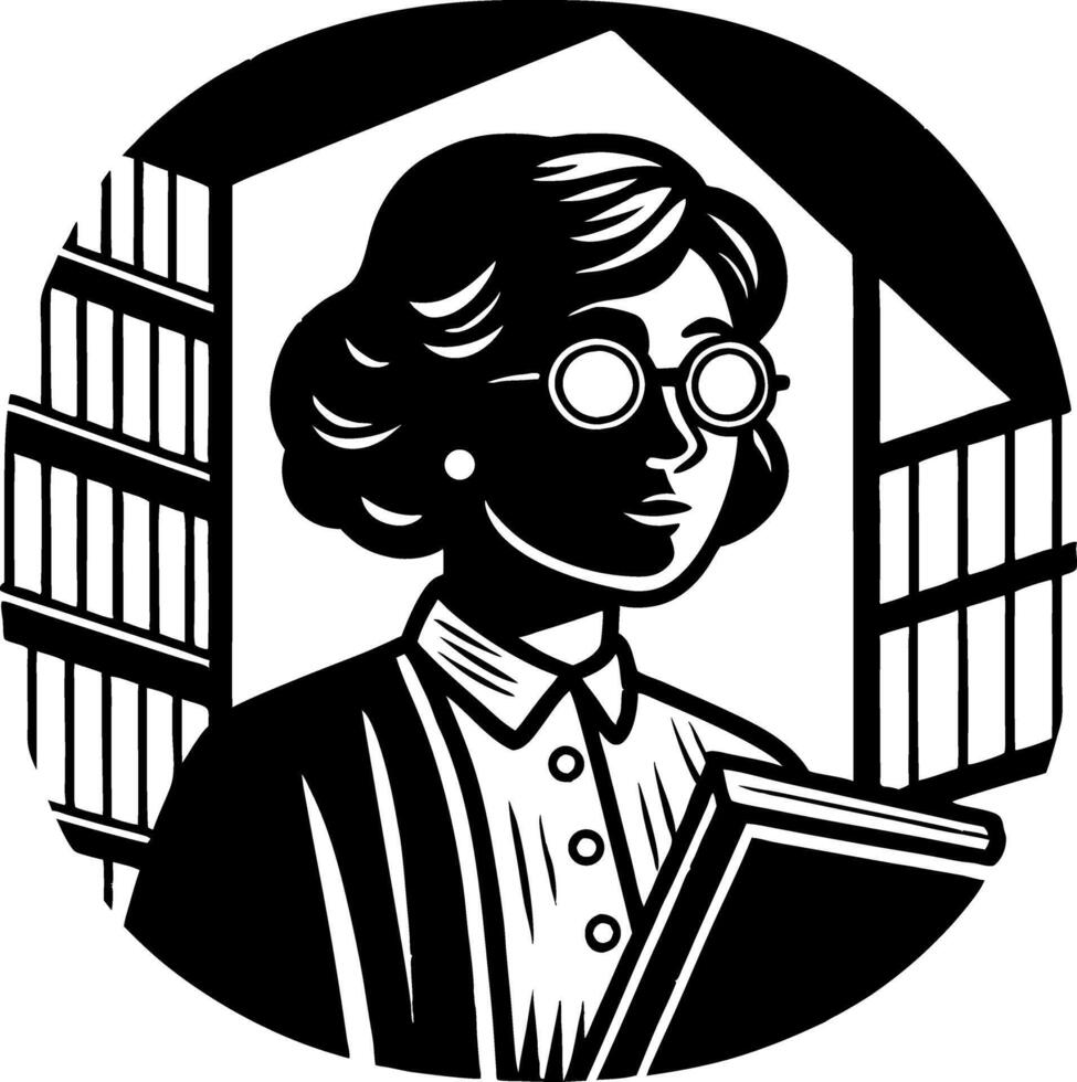 Stylish Female Librarian Holding Book Surrounded by Bookshelves in a Minimalist Design vector
