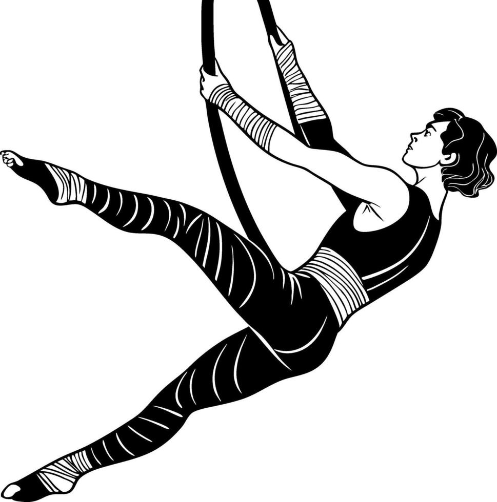 Elegant Aerial Acrobat in Action with Suspended Hoop for Fitness and Dance Inspiration vector