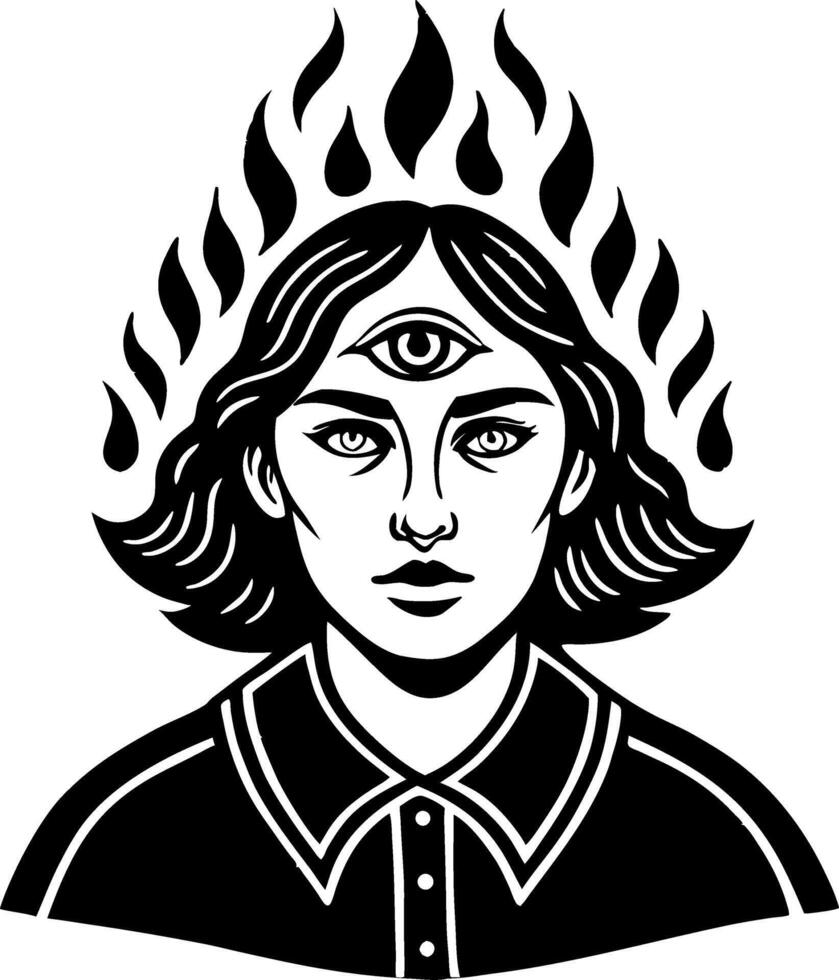 Mystical Girl with Third Eye and Flames in Stylish Black and White Design vector