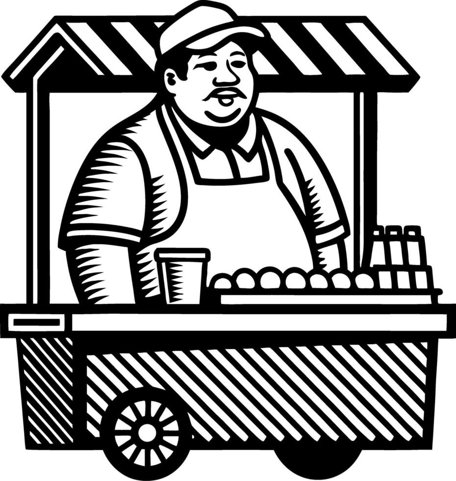 Street Food Vendor Character with Hot Dog Cart Serving Fresh Snacks and Refreshments vector