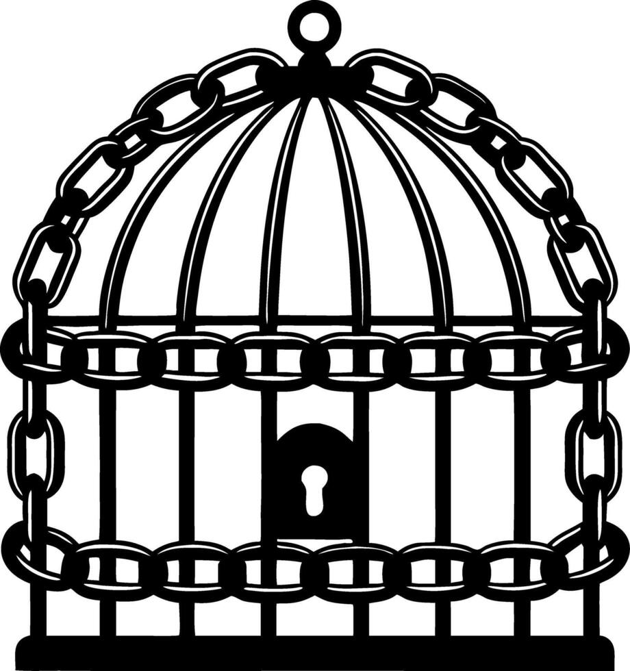 Detailed Black and White Birdcage Design with Lock and Chains for Tattoo and Graphic Projects vector