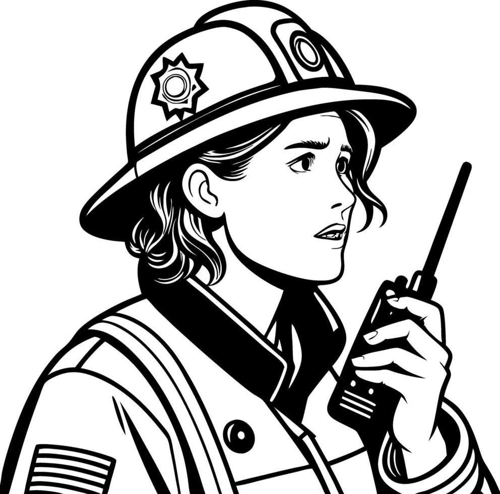 Confident Female Firefighter Communicating with Walkie Talkie in Full Gear for Safety Awareness vector