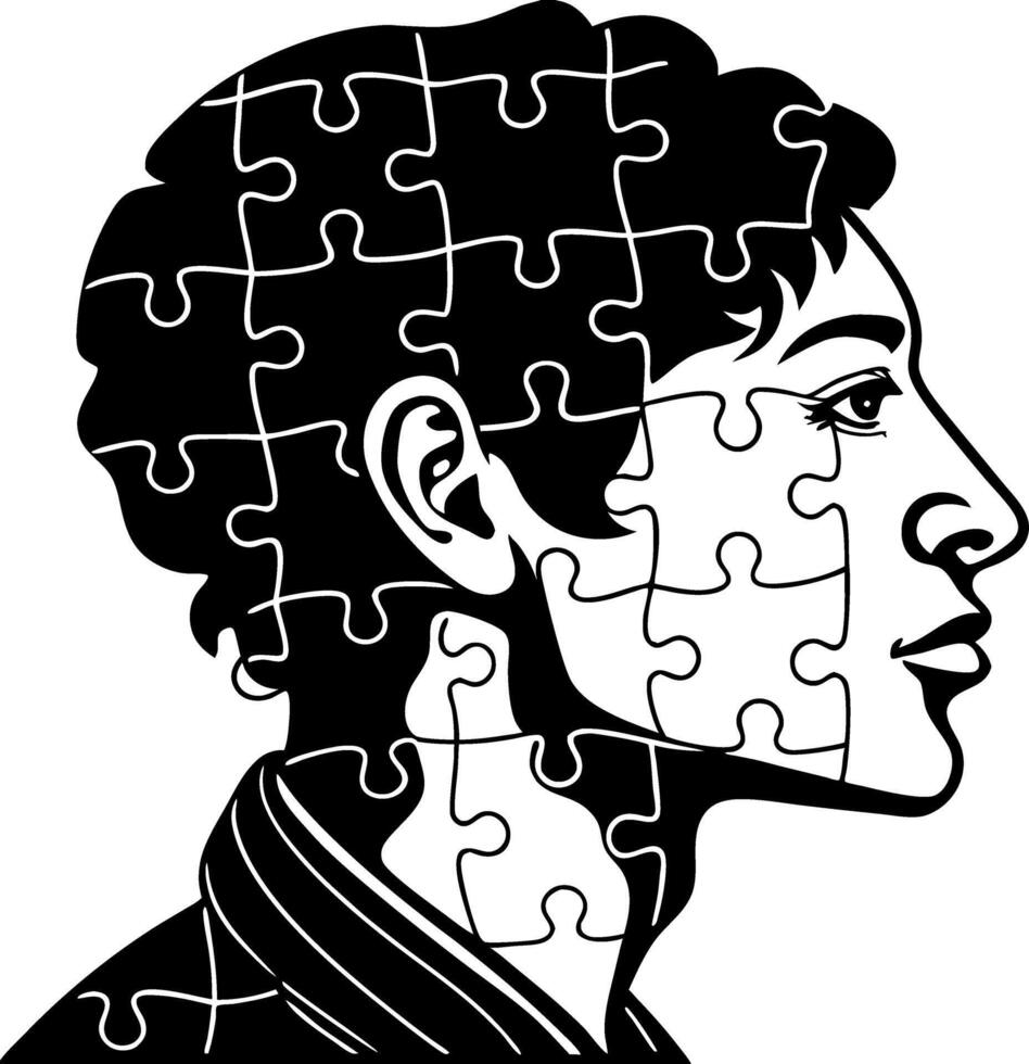 Profile Silhouette of a Person with Puzzle Pieces Concept Representing Identity and Connection vector