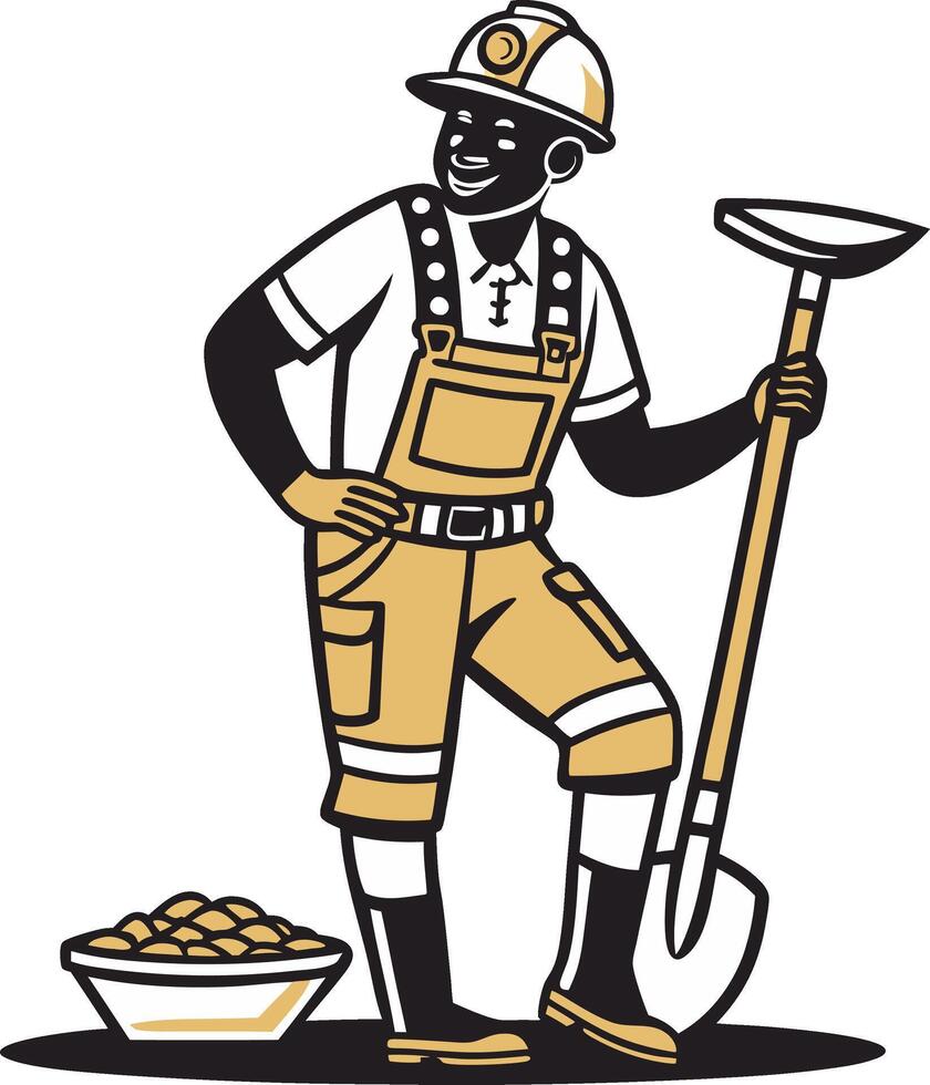 Cheerful Miner Holding Shovel with Gold Nuggets in Bowl Ideal for Construction and Mining Themes vector