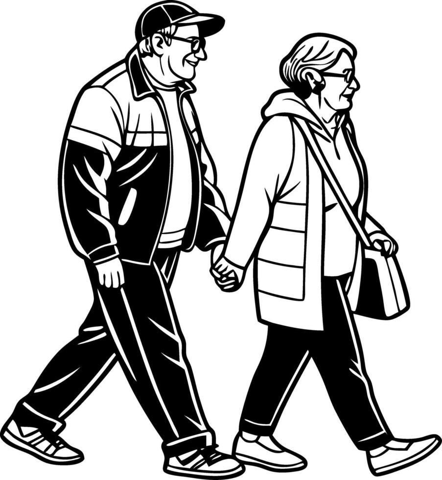 Happy Elderly Couple Walking Hand in Hand Illustration for Love and Togetherness Themes vector